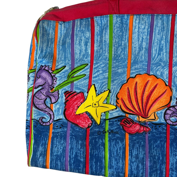 SALLY HUSS Colorful Sea Life Striped Print Bag Tote Large Weekender Duffel Charm - Picture 4 of 14